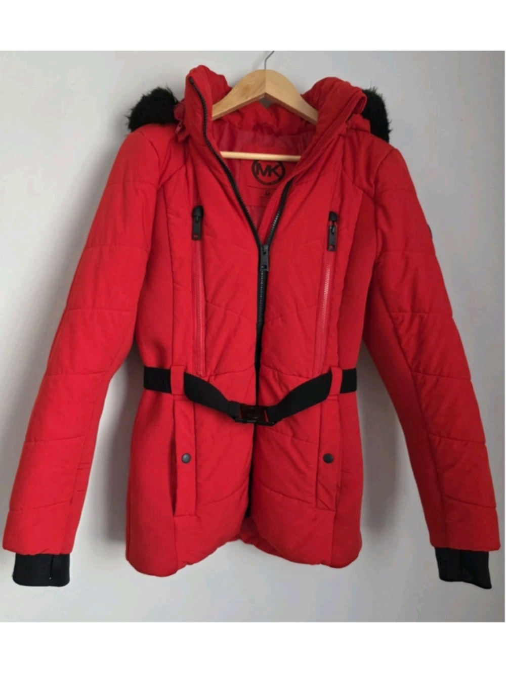 Michael Kors Women's M Red Puffer Coat Quilted Belted Faux Fur Hood Designer